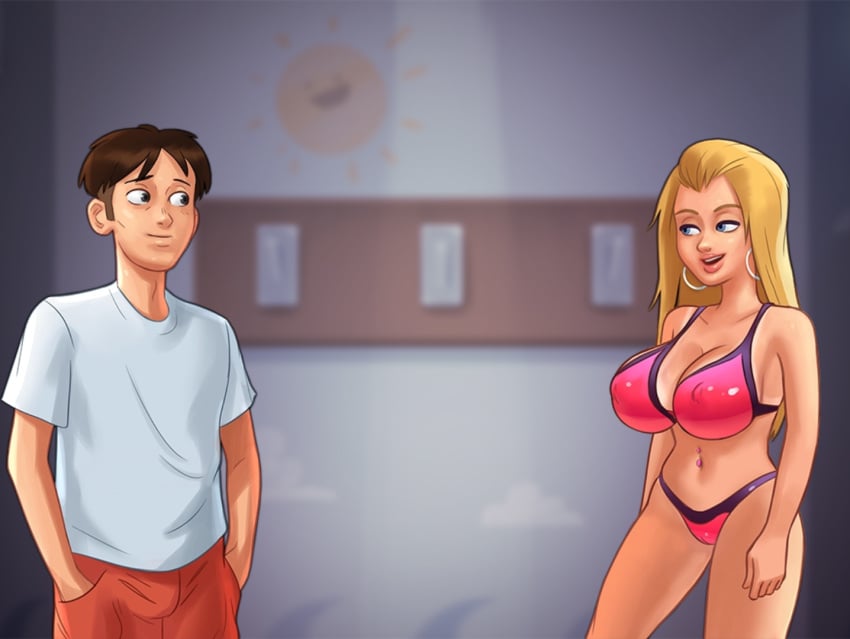 1boy 1girls 2d belly_piercing big_breasts bikini bikini_bottom bikini_top blonde_hair blonde_hair blue_eyes bottomwear bra breasts brown_hair cameltoe changing_room cleavage clothed clothing darkcookie digital_drawing_(artwork) digital_media_(artwork) duo ear_piercing earrings female huge_breasts light-skinned_female light-skinned_male light_skin long_hair looking_at_another looking_at_partner main_character_(summertime_saga) male male/female micro_bikini nipples nipples_visible_through_clothing panties piercing piercings pussy_lips roxxy_(summertime_saga) shirt shorts smile smiling standing summertime_saga tanline tanlines thick_thighs topwear