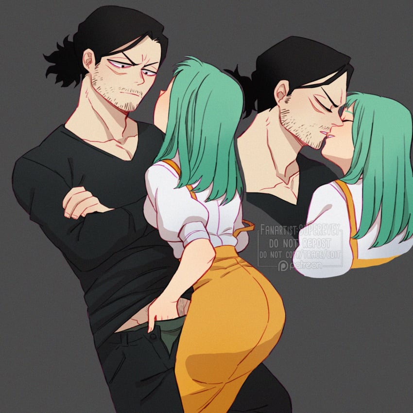 1boy 1girls aizawa_shouta assertive_female being_undressed black_clothes black_hair boku_no_hero_academia cute emi_fukukado eraserhead female fukukado_emi green_hair hand_in_pants hand_under_clothes hands_on_crotch imminent_handjob kissing looking_at_partner male male/female my_hero_academia open_pants romantic scar scar_under_eye shouta_aizawa straight superevey tight_clothing