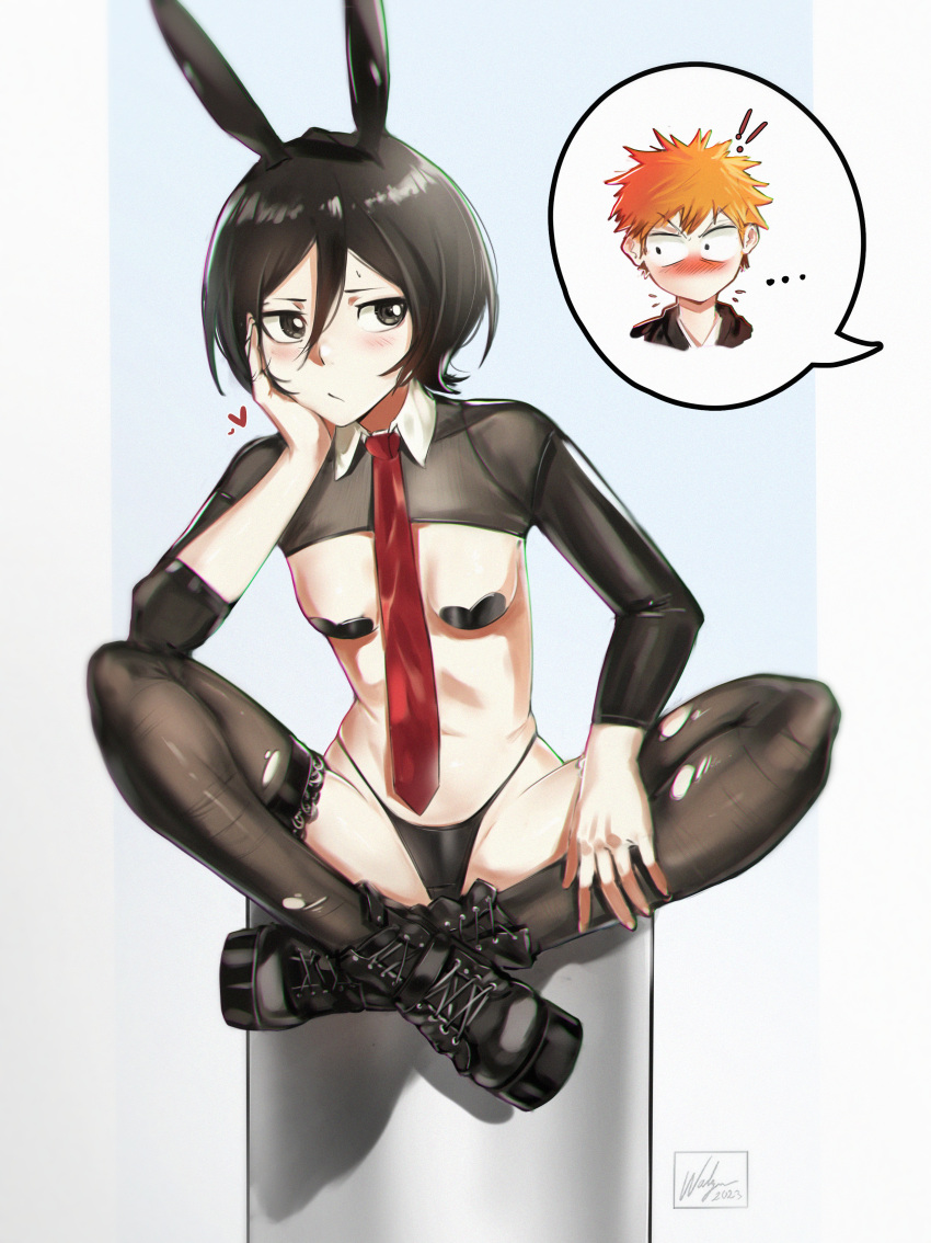 1boy 1girls bleach bleach:_the_thousand-year_blood_war bunny_girl bunnysuit female female_focus ichigo_kurosaki kuchiki_rukia male skinny small_breasts smaller_female solo_focus waligner watermark