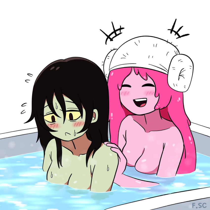 2girls adventure_time bath blush blush_lines blushing female female_focus female_only fizzyspidercider green_body green_skin pink_body pink_hair pink_skin princess_bubblegum shoko_(adventure_time)