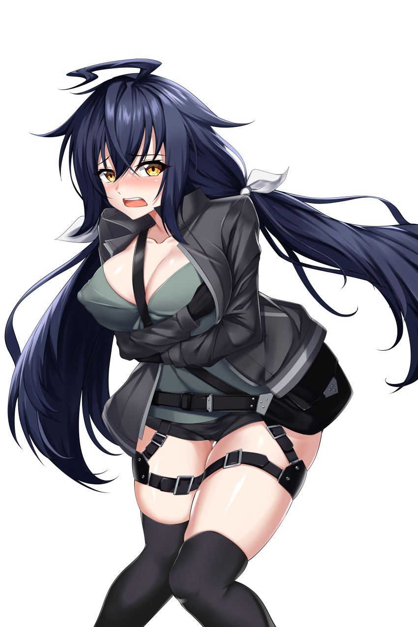 1girls absurdres black_hair breasts counter:side dash_(counter:side) elze_(s01047480836) erect_nipples erect_nipples_under_clothes highres hugging_breasts hugging_self large_breasts no_bra open_mouth short_shorts thighhighs white_background yellow_eyes