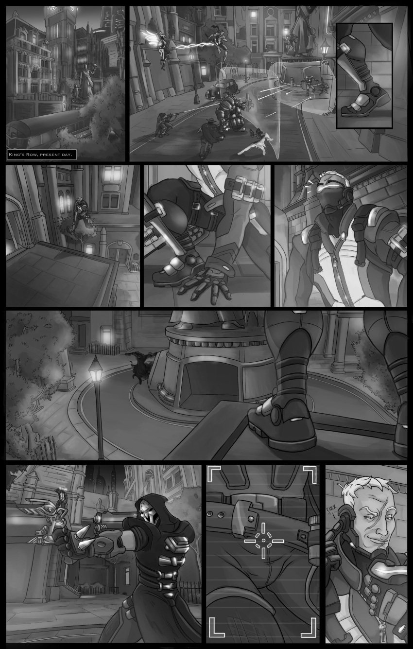 2boys activision bara barazoku blizzard_entertainment bulge clothing comic gabriel_reyes gay hi_res highres jack_morrison jayla_comics male male/male male_focus male_only manly monochrome overwatch overwatch_2 reaper scar soldier_76