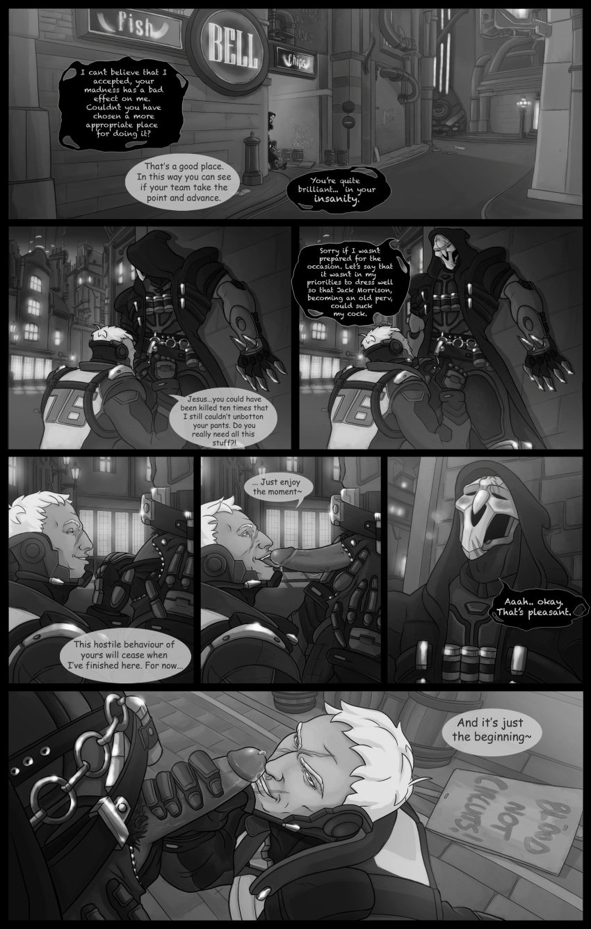 2boys activision balls bara barazoku big_penis blizzard_entertainment blush bulge clothing comic daddy dialogue english_text erection gabriel_reyes gay hand_on_penis hi_res highres jack_morrison jayla_comics male male/male male_focus male_only male_pubic_hair manly monochrome overwatch overwatch_2 penis precum precum_drip reaper scar soldier_76 text touching_penis vein veiny_penis