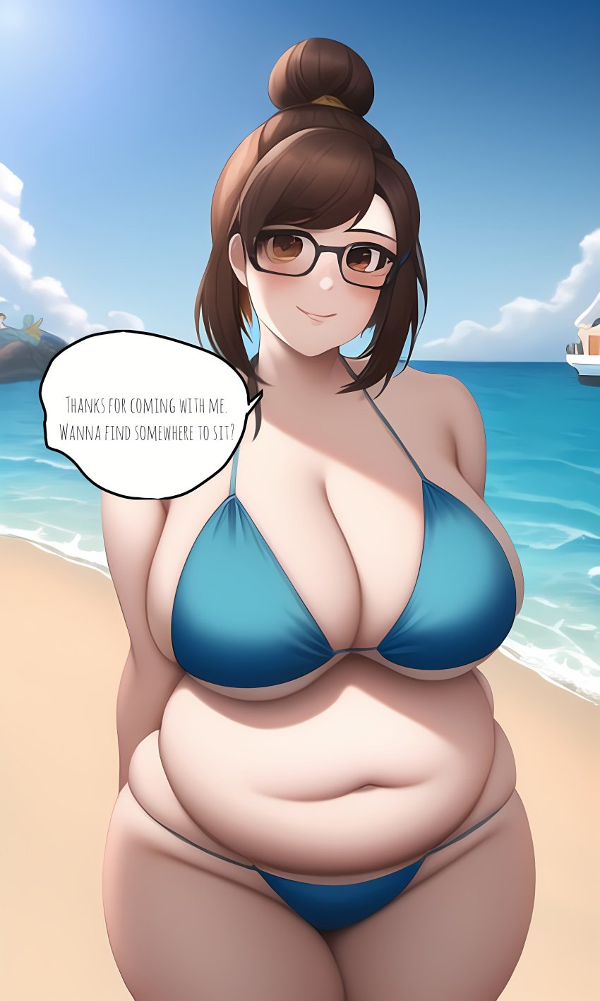 ai_generated bbw belly bikini blizzard_entertainment blue_bikini brown_eyes brown_hair chubby chubby_female large_breasts light-skinned_female light_skin mei_(overwatch) novelai overwatch pov solo speech_bubble stomach tummy xdk141