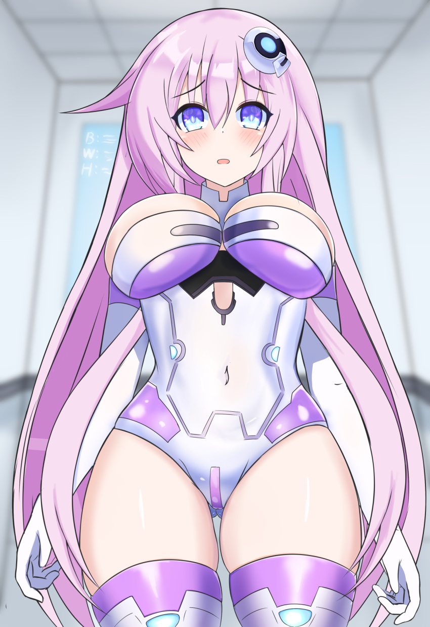 2023 blue_eyes blush bodysuit breasts cleavage compile_heart female female_only front_view fully_clothed goddess hair_ornament idea_factory light-skinned_female looking_at_viewer nepgear neptunia_(series) open_mouth pink_hair purple_sister revealing_clothes solo stiris_rangetsu thick_thighs thighhighs tight_clothing very_long_hair