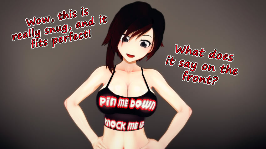 1girls 3d before_sex big_breasts busty cleavage clothes_writing combatwombat confident dialogue female hands_on_hips instructional_clothing knock_me_up_shirt koikatsu_(medium) large_breasts midriff navel pin-me-down_shirt pose posing red_highlights ruby_rose rwby smile tagme tank_top text toned upper_body voluptuous