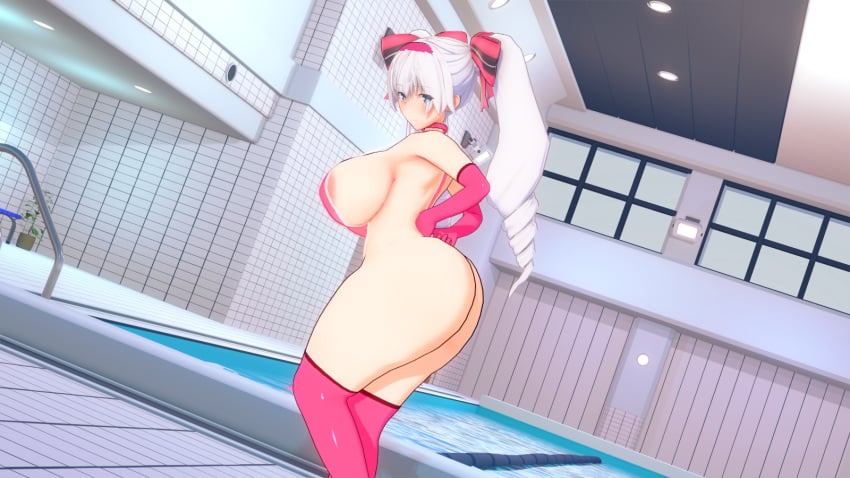 3d alternate_breast_size alternate_hairstyle cleavage curvy huge_ass huge_breasts koikatsu maou_gakuin_no_futekigousha misha_necron pink_swimsuit pool school_swimsuit shortstack sideboob swimsuit twintails white_hair