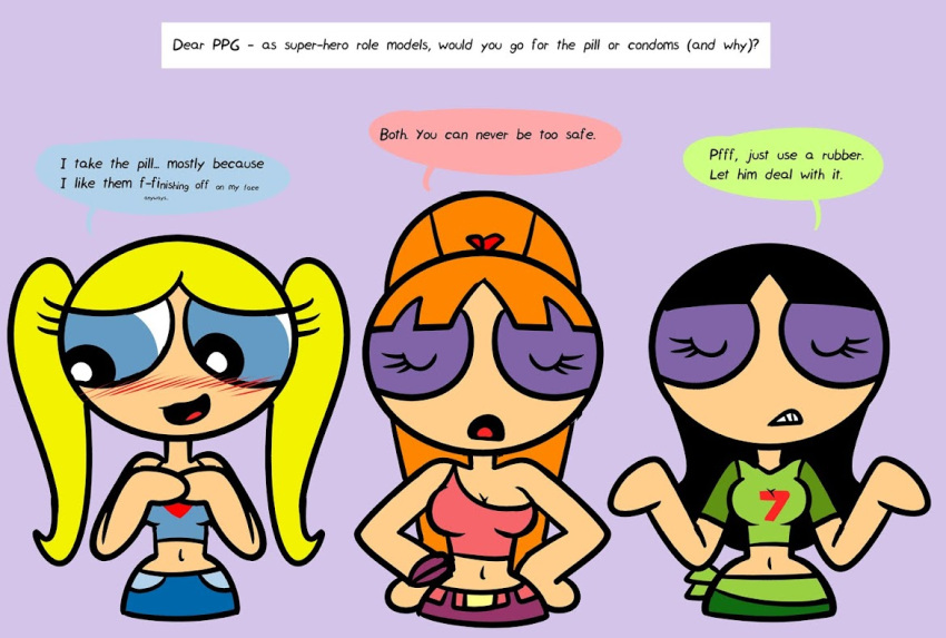 3girls aged_up ask_blog black_hair blonde_hair blossom_(powerpuff_girls) blue_eyes bubbles_(powerpuff_girls) buttercup_(powerpuff_girls) closed_eyes clothed clothed_female dialogue hourglass_figure orange_hair ponytail powerpuff_girls sisters talking_to_viewer twintails xierra099