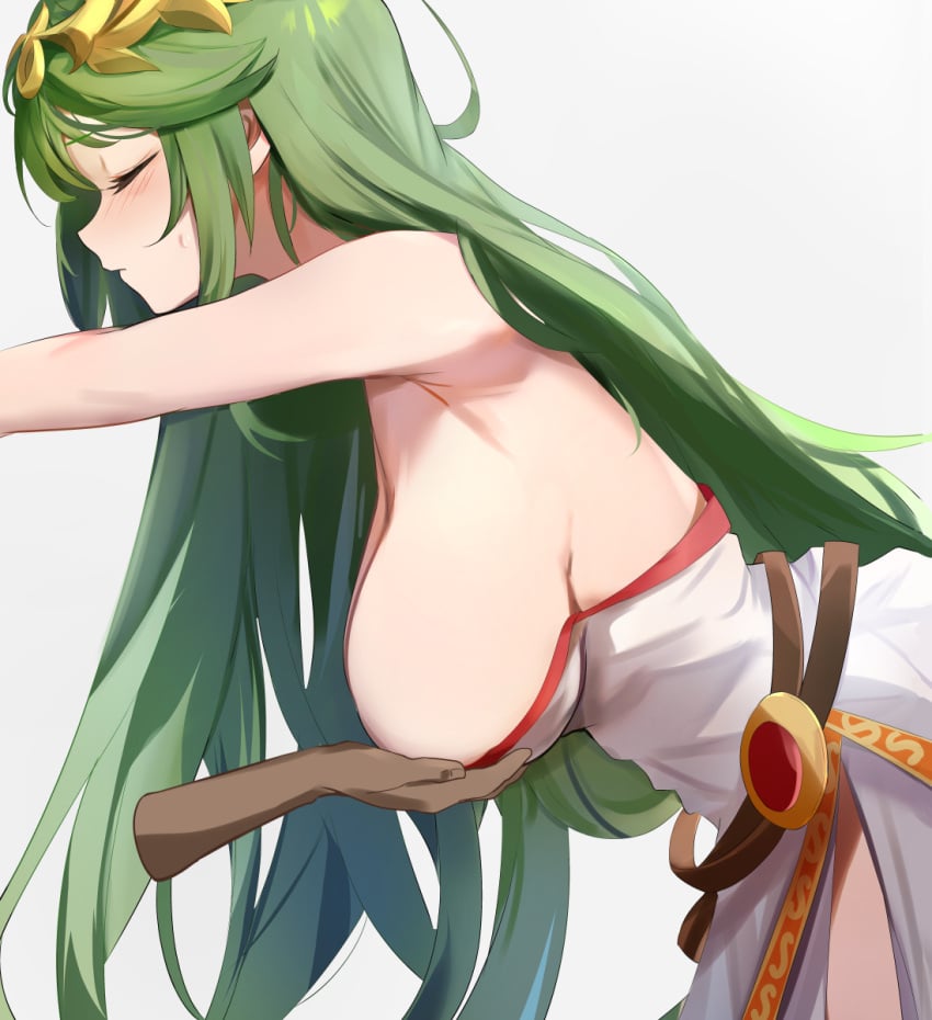 1girls blushing breasts closed_eyes embarrassed female green_hair horny kid_icarus long_hair nintendo palutena tagme tomas_(kaosu22) tomasupso2