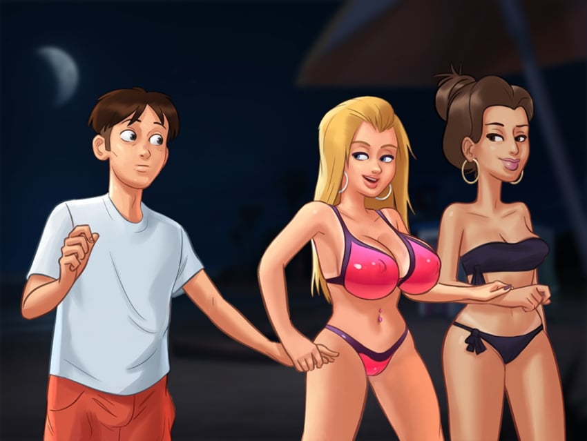 1boy 2d 2girls beach beach_umbrella belly_piercing big_breasts bikini bikini_bottom bikini_top blonde_hair blue_eyes bottomwear bra breasts brown_eyes brown_hair brown_hair cameltoe cleavage clothed clothing darkcookie digital_drawing_(artwork) digital_media_(artwork) ear_piercing earrings female grabbing_partner holding_hand holding_penis horny horny_female huge_breasts light-skinned_female light-skinned_male light_skin long_hair looking_at_another looking_at_partner looking_back main_character_(summertime_saga) male male/female micro_bikini missy_(summertime_saga) night night_sky nipples nipples_visible_through_clothing panties piercing piercings pussy_lips roxxy_(summertime_saga) shirt shorts sky small_breasts smile smiling standing summertime_saga tanline tanlines thick_thighs topwear trio