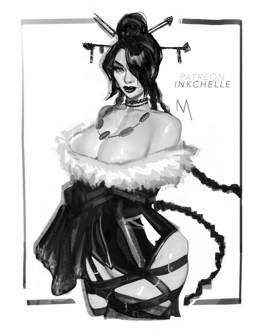 black_and_white black_mage breasts cleavage corset female female_only final_fantasy final_fantasy_x grayscale hair_ornament inkchelle large_breasts lulu_(final_fantasy) necklace shaved_pussy square_enix thick_female thick_thighs