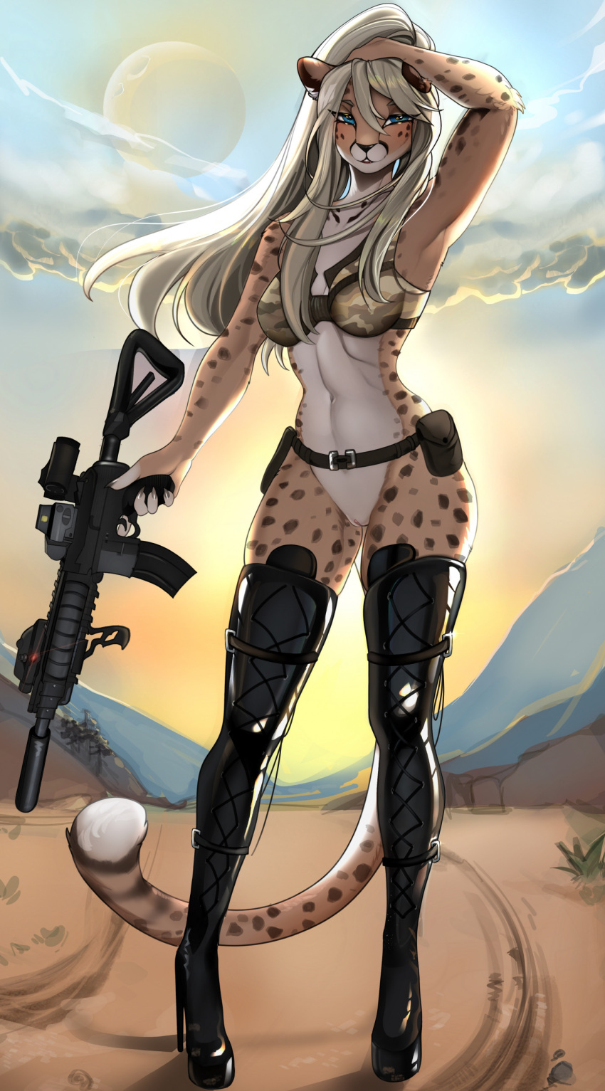 2023 5_fingers absurd_res anthro belt_pouch black_clothing black_latex black_legwear black_thigh_boots black_thigh_highs blonde_hair blue_eyes boots bottomless bottomless_anthro bottomless_female bra breasts camo camo_print cheetah clothed clothing cloud desert exposure_variation felid feline female fingers firearm footwear fur genitals gun hair hi_res high_heeled_boots high_heels holding_gun holding_object holding_rifle holding_weapon latex latex_thigh_boots latex_thigh_highs legwear lena_fluffy_(character) long_hair looking_at_viewer mammal medium_breasts moon pussy ranged_weapon skimpy solo spots spotted_body spotted_fur standing sunrise thigh_boots thigh_highs tja trigger_discipline underwear weapon yellow_body yellow_fur