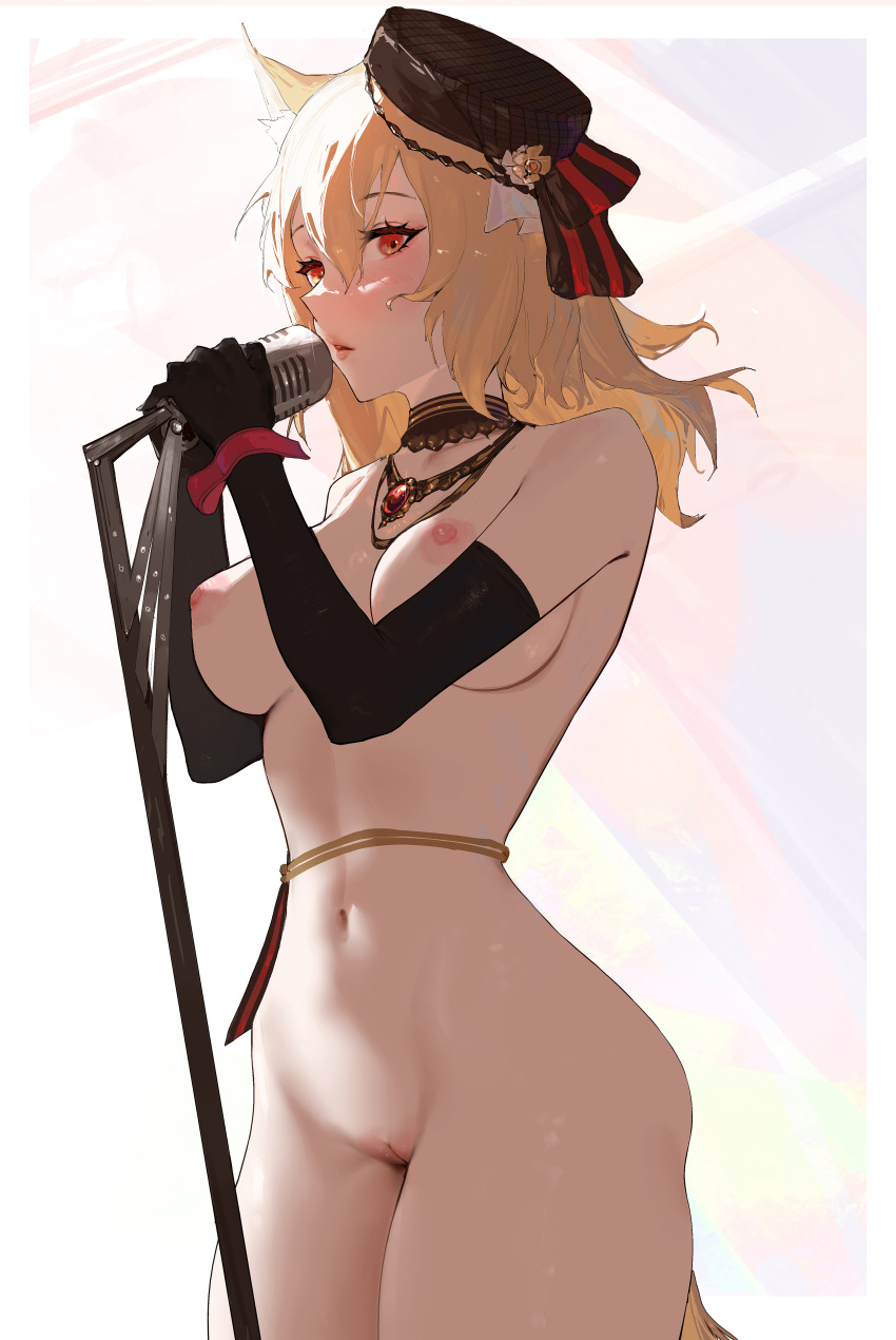 1girls animal_ears areolae arknights bare_shoulders belly big_breasts black_gloves blonde_hair blush breasts choker elbow_gloves gloves hairless_pussy hat highres hips holding_microphone holding_microphone_stand lips looking_at_viewer medium_hair microphone microphone_stand navel necklace nipples nose orange_eyes pussy sawaki_ken shaved_pussy sora_(arknights) standing stomach thick_thighs thighs uncensored vagina waist white_background