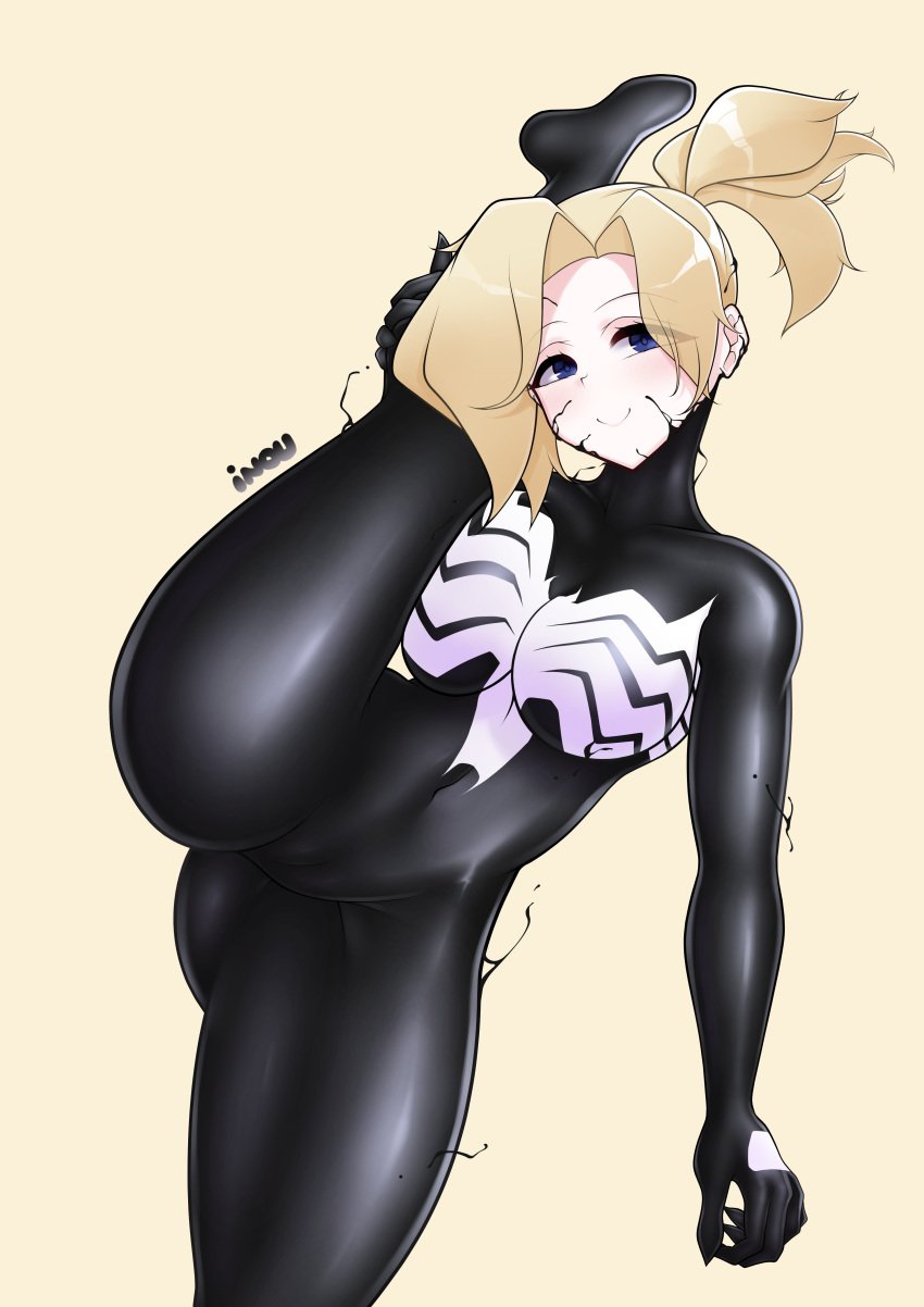 absurd_res alien big_breasts blizzard_entertainment blonde_hair blue_eyes bodysuit claws corruption flexible goo goo_creature highres inou_(artist) latex latex_suit leg_hold legs_up living_clothes looking_at_viewer marvel mercy overwatch she-venom spider-man_(series) symbiote tagme thick_thighs thighs tight_clothing transformation venom venom_(marvel)