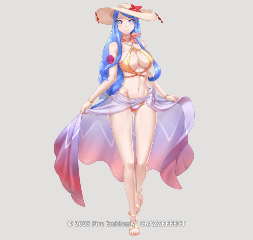 1girls alternate_costume ass_visible_through_thighs bare_legs bare_midriff bare_shoulders bikini blue_eyes blue_hair braid braided_ponytail breasts cleavage collarbone crazzeffect female female_only fire_emblem fire_emblem_engage full_body grey_background hat hat_flower large_breasts legs long_hair looking_at_viewer lumera_(fire_emblem) mature mature_female midriff nintendo orange_bikini orange_swimsuit sarong scarf see-through shoulders smile solo sun_hat swimsuit very_long_hair