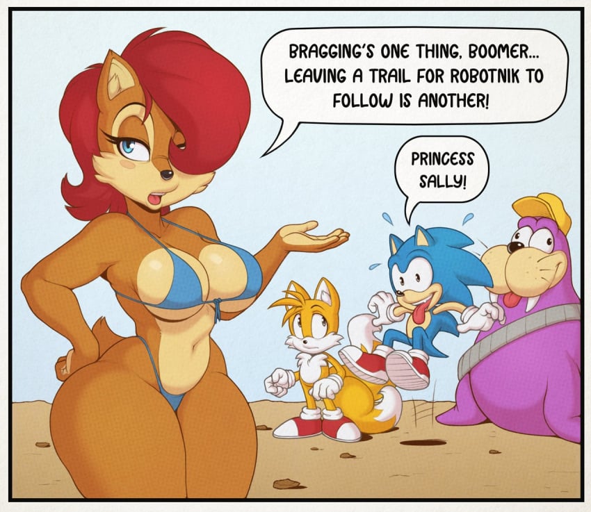 2d anthro bikini blue_bikini blue_eyes breasts color daxzor dialogue eyelashes female female_focus furry jpeg male redraw rotor_the_walrus sally_acorn sega shaded sonic_(series) sonic_satam sonic_the_hedgehog sonic_the_hedgehog_(series) source_request string_bikini tails wide_hips