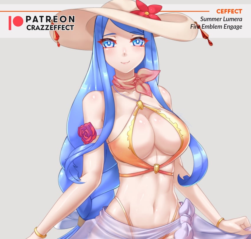 1girls alternate_costume bare_midriff bare_shoulders bikini blue_eyes blue_hair braid braided_ponytail breasts cleavage collarbone crazzeffect female female_only fire_emblem fire_emblem_engage hat hat_flower large_breasts long_hair looking_at_viewer lumera_(fire_emblem) mature mature_female midriff nintendo orange_bikini orange_swimsuit sarong scarf see-through shoulders smile solo sun_hat swimsuit upper_body very_long_hair