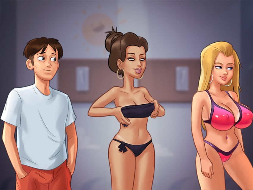 1boy 2d 2girls belly_piercing big_breasts bikini bikini_bottom bikini_top blonde_hair blue_eyes bottomwear bra breasts brown_eyes brown_hair brown_hair cameltoe changing_room cleavage clothed clothing darkcookie digital_drawing_(artwork) digital_media_(artwork) ear_piercing earrings female horny horny_female huge_breasts light-skinned_female light-skinned_male light_skin long_hair looking_at_another looking_at_partner looking_down main_character_(summertime_saga) male male/female micro_bikini missy_(summertime_saga) nipples nipples_visible_through_clothing panties piercing piercings pussy_lips roxxy_(summertime_saga) shirt shorts small_breasts smile smiling standing summertime_saga tanline tanlines thick_thighs topwear trio turned_around undressing