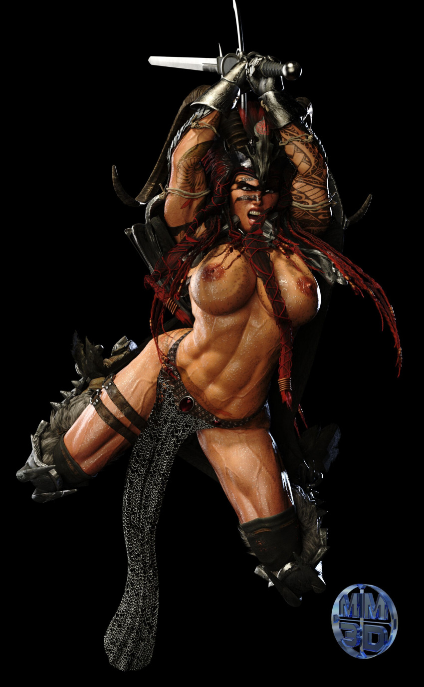 1girls 2022 3d abs arm_tattoo artist_logo black_background chainmail curved_horn curved_horns facepaint female female_only greatsword holding_object holding_sword holding_weapon horn horns huge_breasts kneehighs loincloth long_hair maniacmayo muscular muscular_female pelvic_curtain pubic_tattoo red_hair solid_color_background solo solo_female sweat tattoo topless two_handed_sword veiny veiny_muscles zweihander