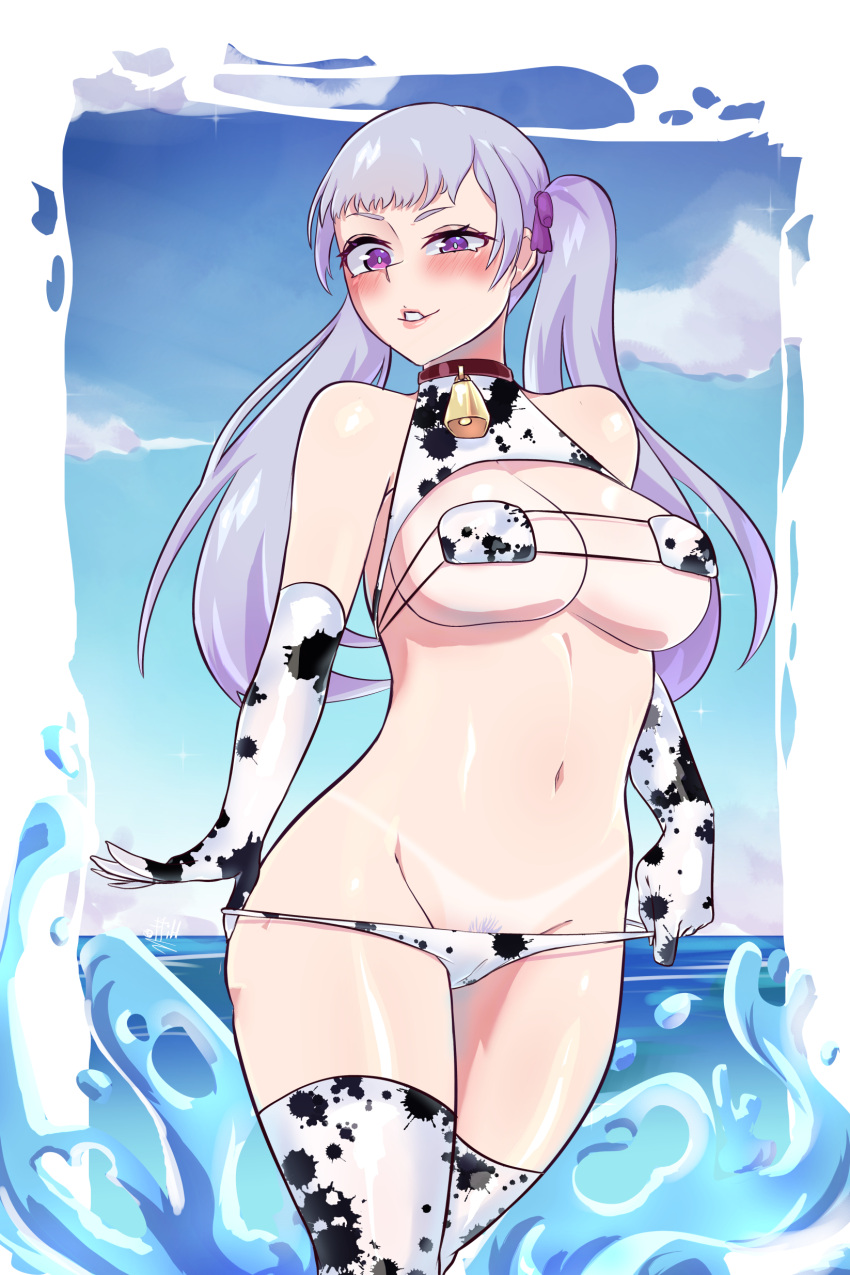 1girls big_breasts bikini black_clover blush breasts hi_res hito_clover long_hair looking_at_viewer noelle_silva outside panties panty_pull pubic_hair purple_eyes shiny_skin silver_hair smile tan_body teasing thick_thighs thighs twintails water