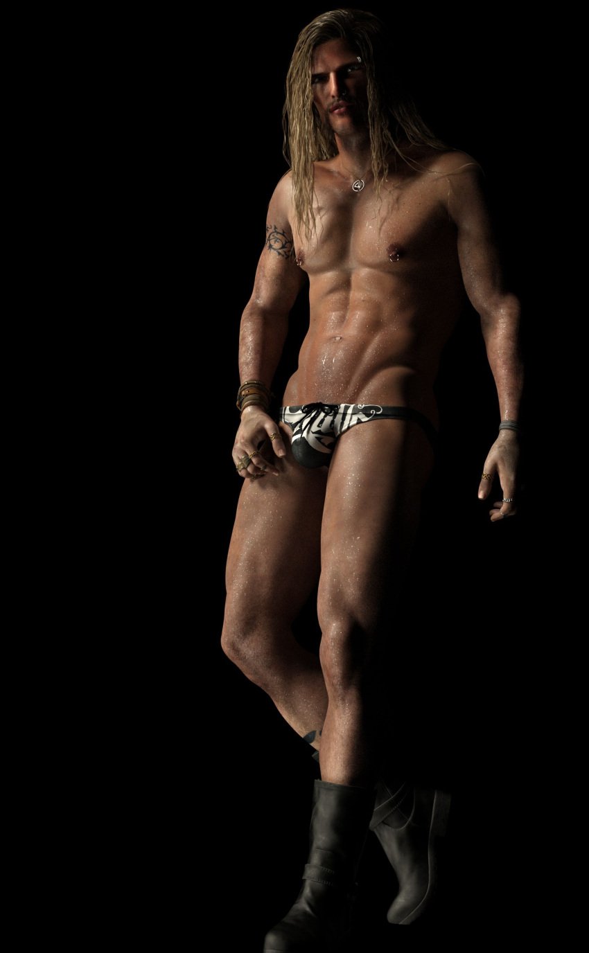 1boy 2022 3d arm_tattoo black_background blonde_hair long_hair looking_at_viewer male male_only maniacmayo nipple_piercing piercing solid_color_background solo solo_male standing tagme tattoo wet wet_body wet_skin