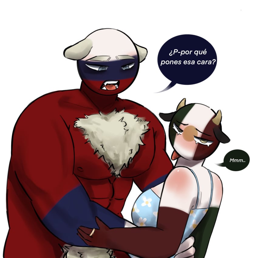 1boy 1girls blue_skin chest_hair countryhumans countryhumans_girl female green_skin hairy_chest idkcocco male mexico_(countryhumans) muscular muscular_male pubic_hair red_skin russia_(countryhumans) simple_background spanish_text text white_background white_skin