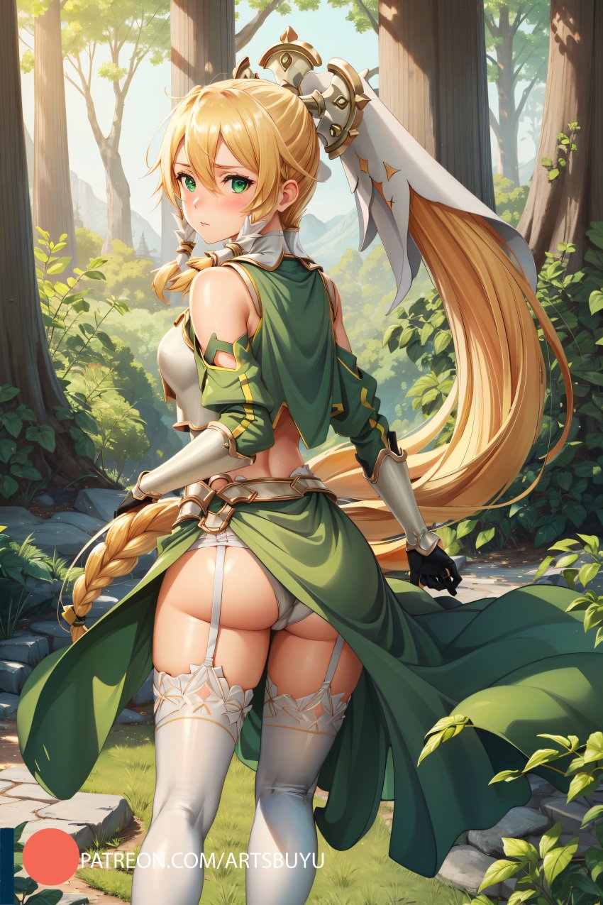 1girls ai_generated armor artsbuyu ass ass_focus bangs blonde_hair blush boots dress embarrassed from_behind garter_straps gloves green_dress green_eyes hair_between_eyes hi_res high_heels leafa long_hair looking_at_viewer looking_back medium_breasts panties ponytail side_braid sidelocks sleeves stable_diffusion stockings sword_art_online sword_art_online_alicization thighhighs veil very_long_hair white_panties