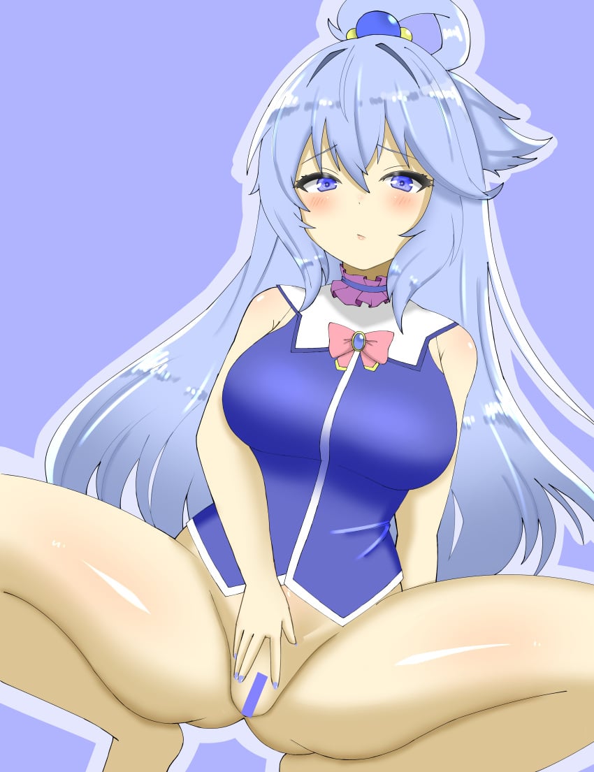 aqua_(konosuba) bar_censor blue_background blue_clothing blue_eyes blue_hair blue_nails blue_theme blush bottomless breasts censor_bar censored doors_drop drop_shadow exposed_pussy kono_subarashii_sekai_ni_shukufuku_wo! partially_clothed shiny_skin solo squatting