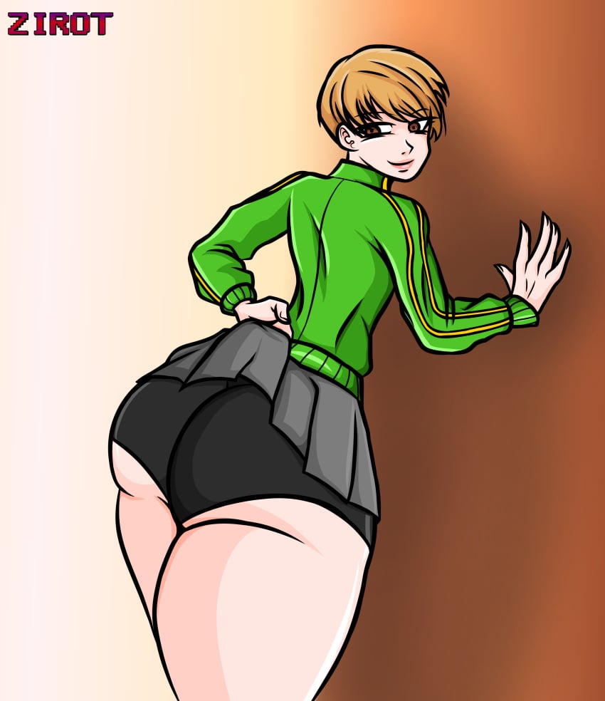 1girls big_ass bike_shorts female female_only horny huge_ass jacket lifting_skirt looking_back persona persona_4 satonaka_chie short_hair skirt skirt_lift spats tomboy wide_hips yoga_shorts zirot