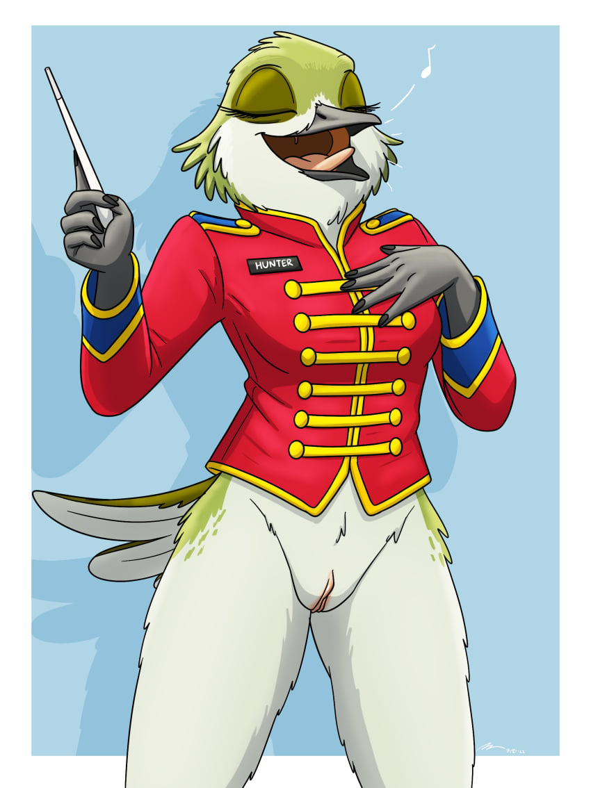 absurd_res anthro avian bird bottomless casual_exposure clothed clothing conductor female fish_birb genitals hi_res hummingbird marching_band_uniform pussy sarah_(fish_birb) singing solo stick uniform