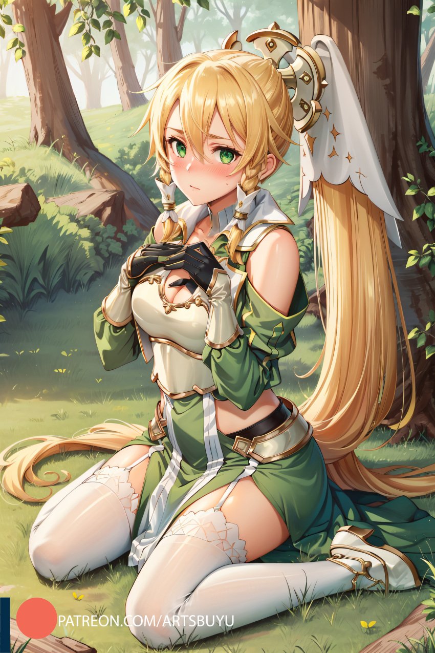 1girls ai_generated armor artsbuyu bangs blonde_hair blush boots closed_mouth dress embarrassed from_side garter_straps gloves green_dress green_eyes hair_between_eyes hand_on_breast hi_res high_heels leafa long_hair looking_at_viewer medium_breasts ponytail side_braid sidelocks sitting sleeves stable_diffusion stockings sword_art_online sword_art_online_alicization thighhighs veil very_long_hair wariza