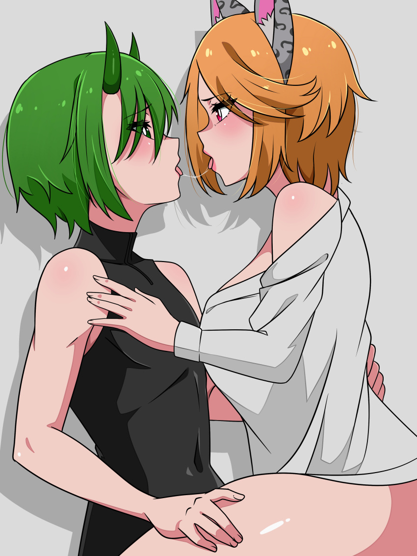 ann_hiro(vtuber) blonde_hair cat_ears catgirl drool_string green_eyes green_hair kissing loose_shirt no_panties red_eyes skytexvt tight_shirt vampire_neko