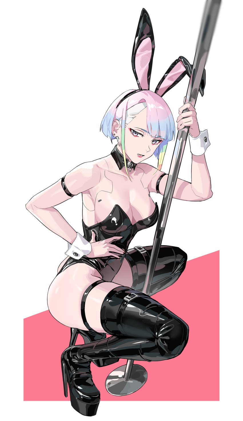 1girls big_breasts boots bunny_ears bunnysuit cd_projekt_red collar cybernetics cyberpunk:_edgerunners cyberpunk_2077 female female_only latex lucyna_kushinada mumei_(artist) stripper_pole studio_trigger thick_thighs