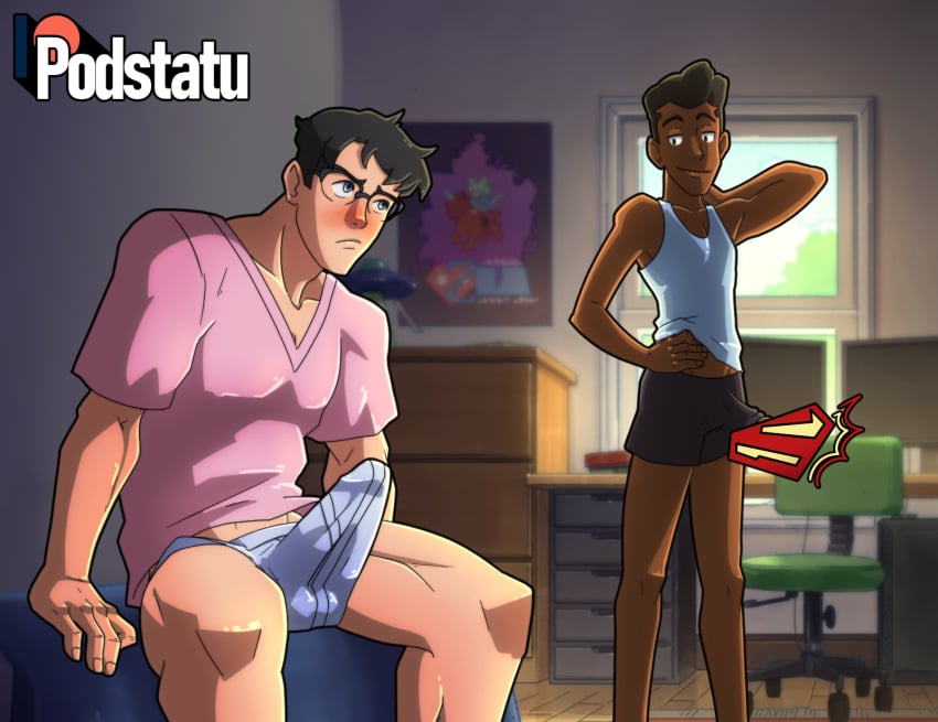 2boys ashamed awkward_situation bed bedroom big_balls big_penis black_hair blush boner casual_boner casual_erection casual_exposure censored chocolate_and_vanilla clark_kent clark_kent_(my_adventures_with_superman) dark-skinned_male dc dc_comics erection erection_under_clothes erection_under_clothing gay glasses hand_on_neck hard_on human interracial jimmy_olsen jimmy_olsen_(my_adventures_with_superman) kryptonian light-skinned_male looking_at_another looking_at_each_other male male_only morning_wood muscular muscular_male my_adventures_with_superman patreon podstatu proud proud_of_his_cock room roommate roommates sitting sitting_on_bed superman superman_(series) yaoi