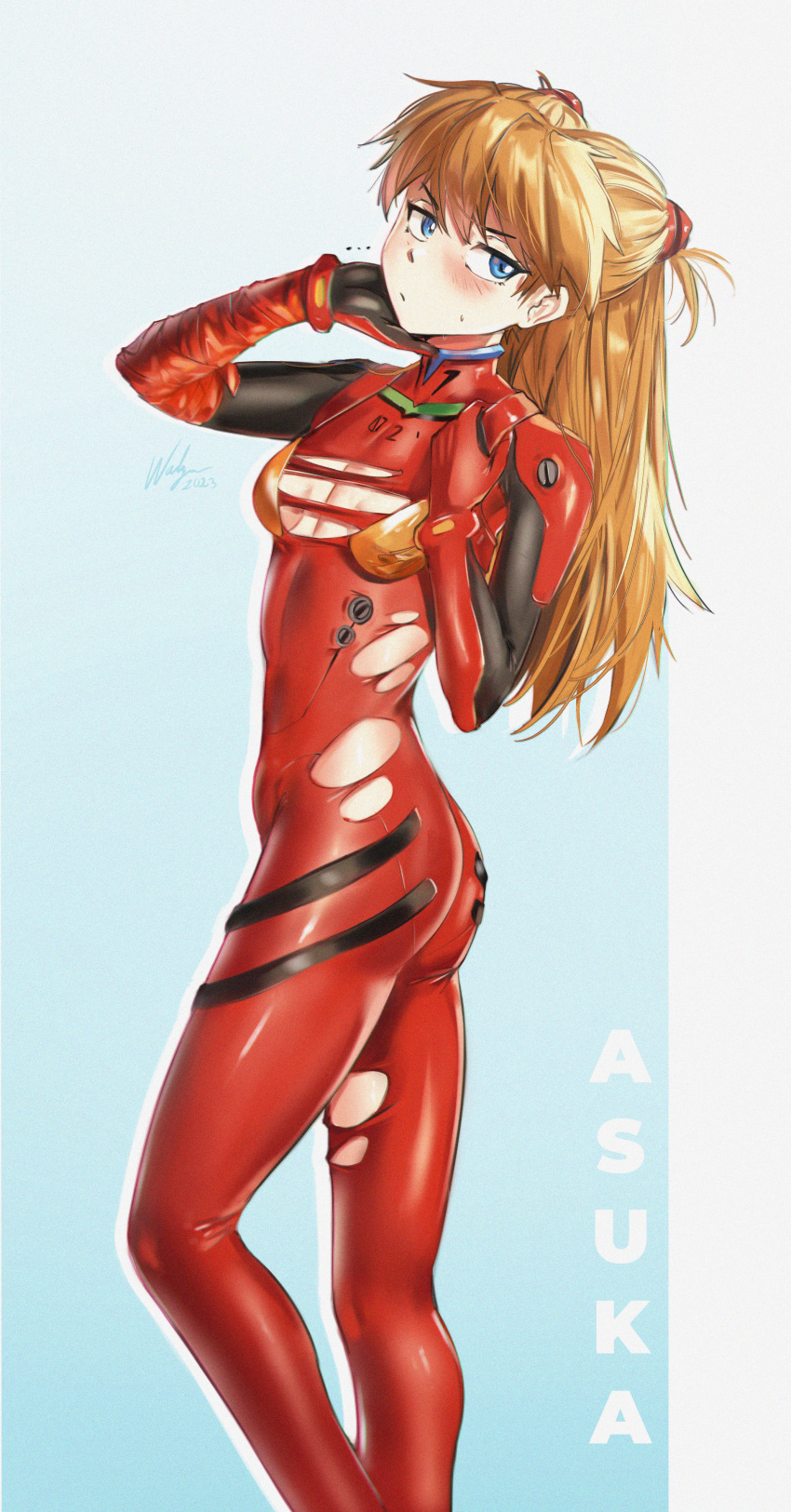 asuka_langley_sohryu blush cleavage cleavage_cutout neon_genesis_evangelion red_hair skinny small_breasts smaller_female suit torn_bodysuit torn_clothes waligner