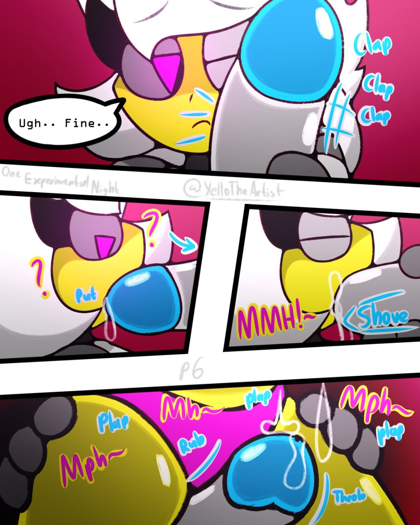 1girls 2futas before_sex blowjob comic comic_page geometry_dash one_experimental_night_(yellolight) penis_on_face robot robot_girl thighjob trianna_(yellolight) white_hair yellolight