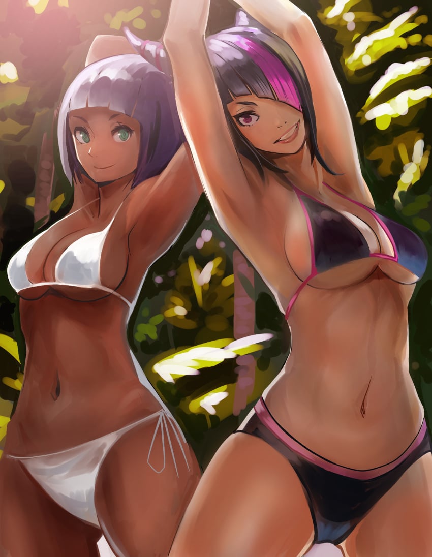 2girls armpits belly bikini black_hair bob_cut breasts cleavage dark-skinned_female dark_skin egyptian female female_only hair hair_over_one_eye juri_han lips looking_at_viewer meke menat navel pink_eyes purple_hair smile street_fighter street_fighter_6 string_bikini swimsuit turquoise_eyes underboob water