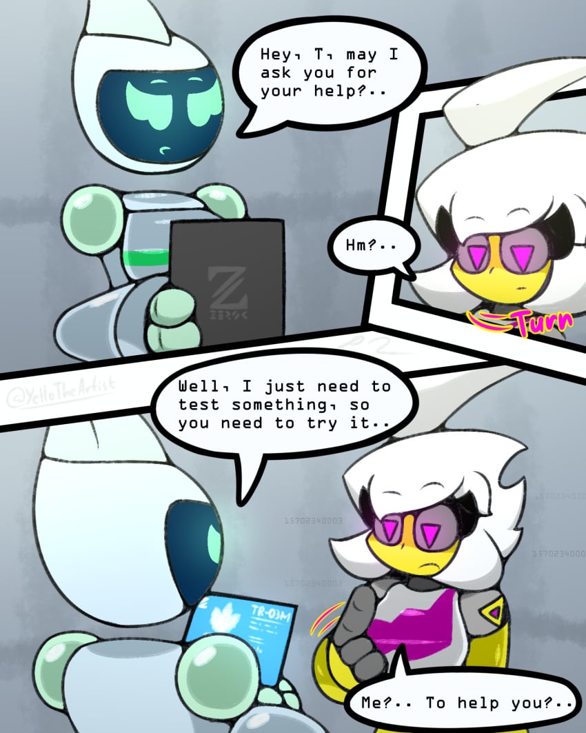 2girls comic comic_page female female_only geometry_dash marra_(yellolight) one_experimental_night_(yellolight) robot robot_girl screen_face trianna_(yellolight) yellolight