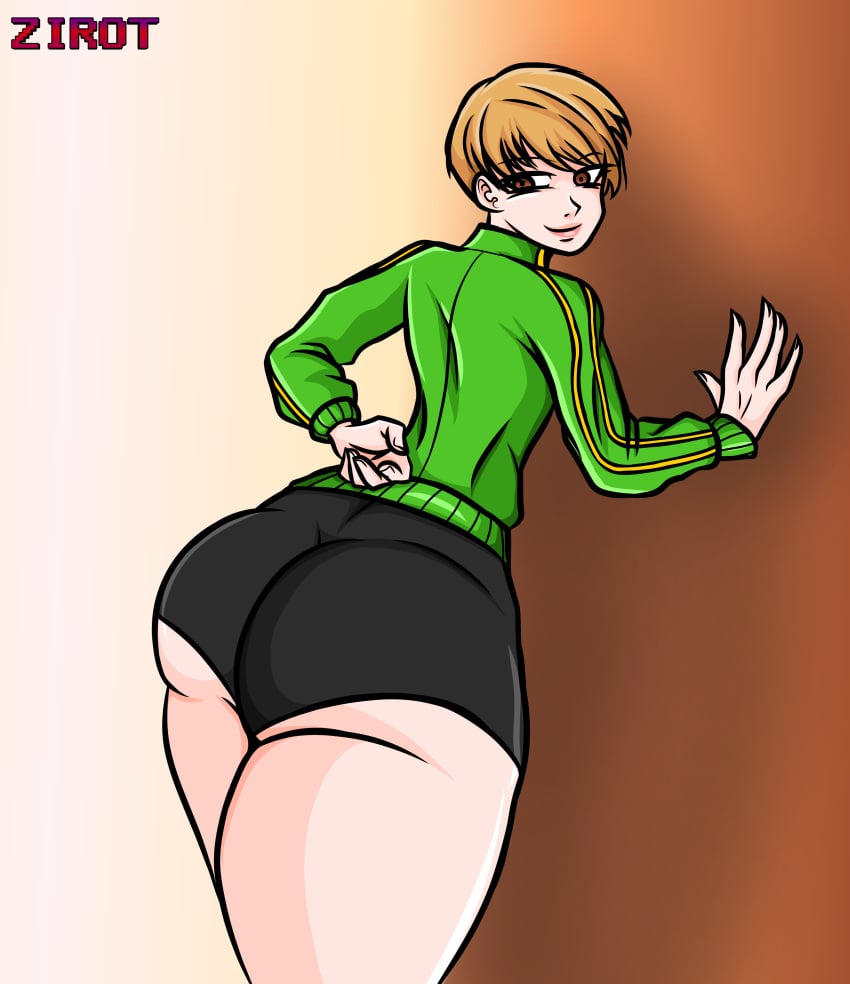 1girls big_ass bike_shorts female female_only horny huge_ass jacket lifting_skirt looking_back persona persona_4 satonaka_chie short_hair skirt skirt_lift spats tomboy wide_hips yoga_shorts zirot