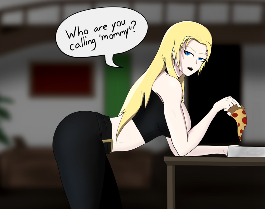 1girls 2022 2d 2d_(artwork) ass ass_focus ass_out belt big_ass big_butt black_clothes black_clothing blonde_hair butt capcom devil_may_cry devil_may_cry_4 english english_text jetteyes leaning leaning_on_table looking_at_viewer pizza pizza_box table text_bubble trish_(devil_may_cry) underboob