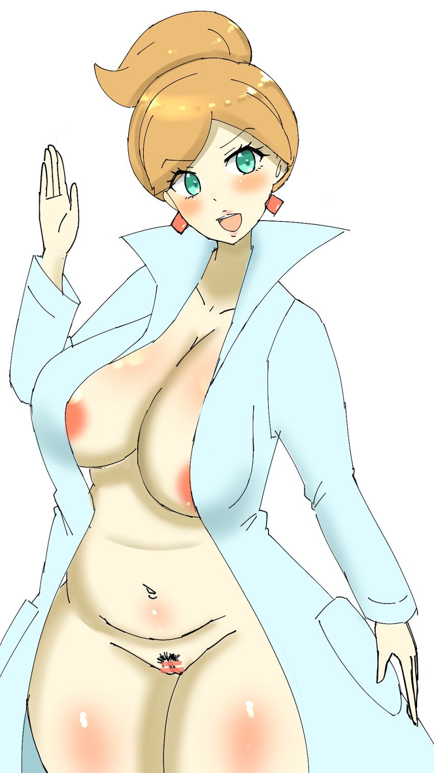 aurea_juniper bar_censor big_breasts blue_eyes blush censor_bar censored coat_only doors_drop earrings exposed_pussy game_freak naked_coat nintendo nude_underneath open_mouth orange_hair pokemon pokemon_bw pokemon_professor pubic_hair pussy solo white_background