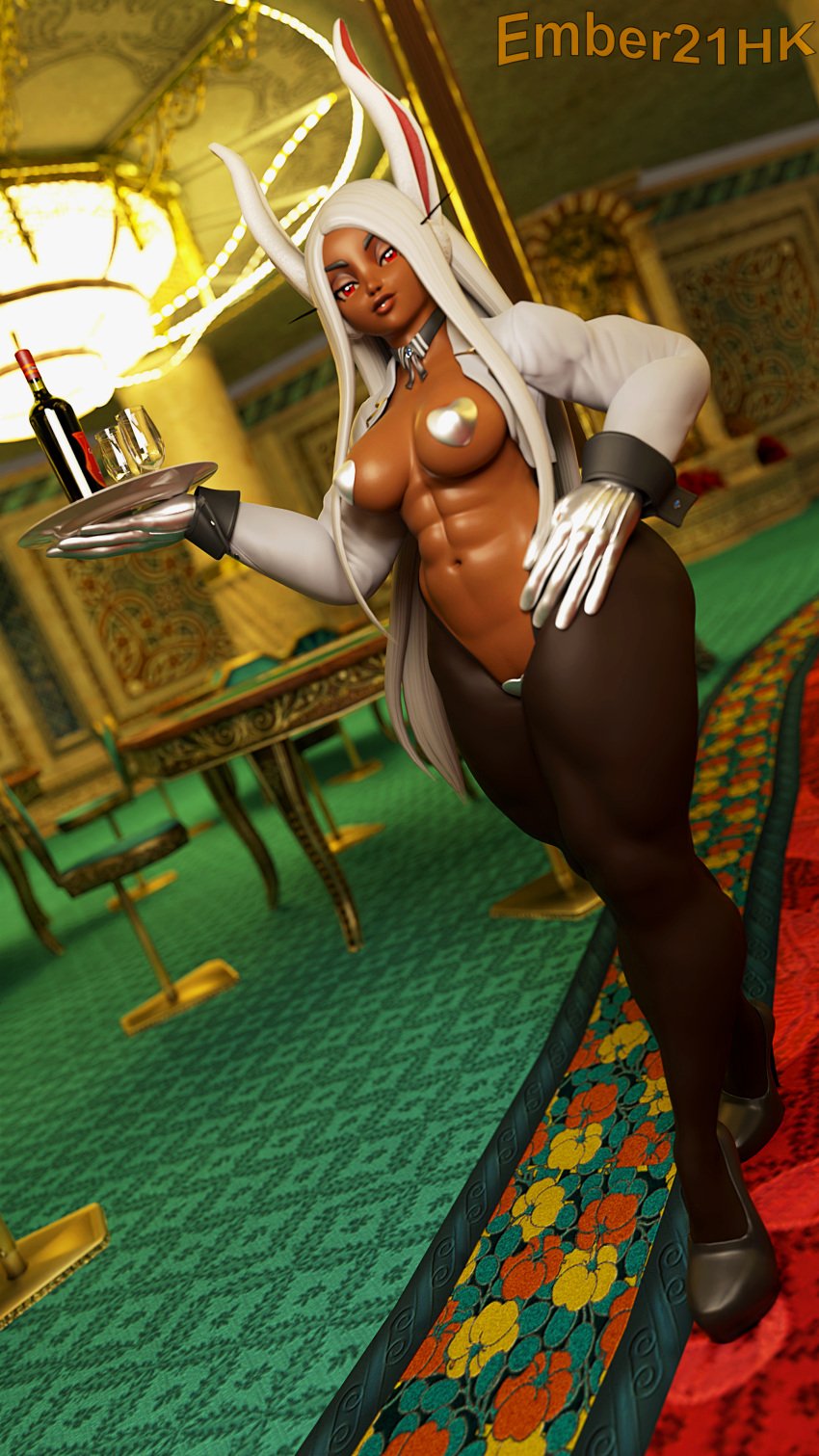 3d 4k abs absurd_res black_heels blender_(software) blender_cycles boku_no_hero_academia breasts bunnysuit casino dark_skin drinks ember21hk english_text gloves jacket long_hair looking_at_viewer miruko muscles muscular muscular_female muscular_thighs my_hero_academia pasties plate red_eyes rumi_usagiyama solo stockings white_hair wine wine_bottle wine_glass