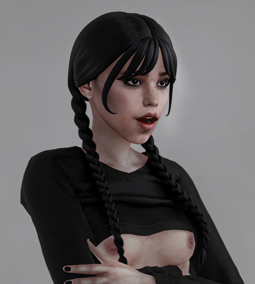 1girls 3d black_hair blender breasts dark_hair exposed exposed_breasts female jenna_ortega long_hair nedac1 nipples open_mouth pose simple_background small_breasts small_tits solo the_addams_family twin_braids wednesday_addams