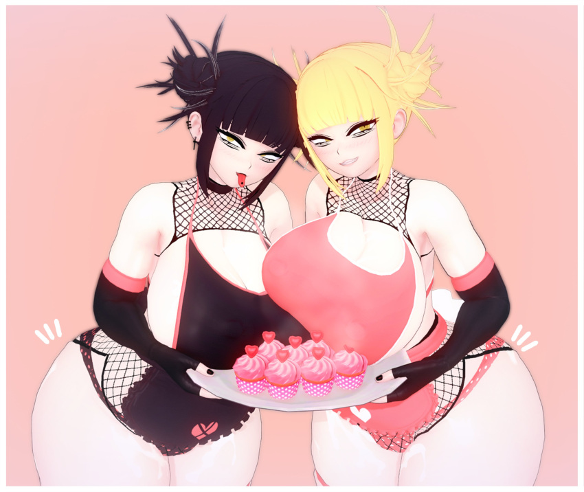 2girls 3d alternate_version_available apron armwear big_breasts black_apron black_gloves black_hair black_nail_polish black_nails blonde_hair boku_no_hero_academia breast_to_breast breasts cleavage double_bun ear_piercing earrings elbow_gloves female female_only fishnet fishnets goth goth_girl gothic hair himiko_toga huge_breasts koikashura my_hero_academia nail_polish nails pink_apron smile thick_thighs thighs toga_himiko tongue tongue_out tongue_piercing yellow_eyes