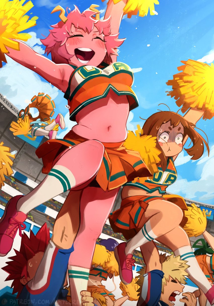 armpits arms_up ashido_mina asui_tsuyu bakugou_katsuki bare_midriff boku_no_hero_academia busty carrying carrying_partner characterful cheerleader cheerleader_outfit cheerleader_uniform cheerleading denki_kaminari eijirou_kirishima fanon_couple female hagakure_tooru hagakure_tooru_(invisible) hand_on_ass hand_on_crotch hand_under_skirt holding_partner invisible_girl kaminari_denki katsuki_bakugou khyleri kirishima_eijirou knee_socks kneehighs kneesocks kyoka_jiro lifting lifting_partner mina_ashido multiple_girls my_hero_academia ochako_uraraka pink_hair pink_skin pom_pom_(cheerleading) pom_poms red_hair short_skirt socks spiky_hair tooru_hagakure tooru_hagakure_(invisible) tsuyu_asui u.a._cheerleader_outfit u.a._gym_uniform uraraka_ochako white_socks