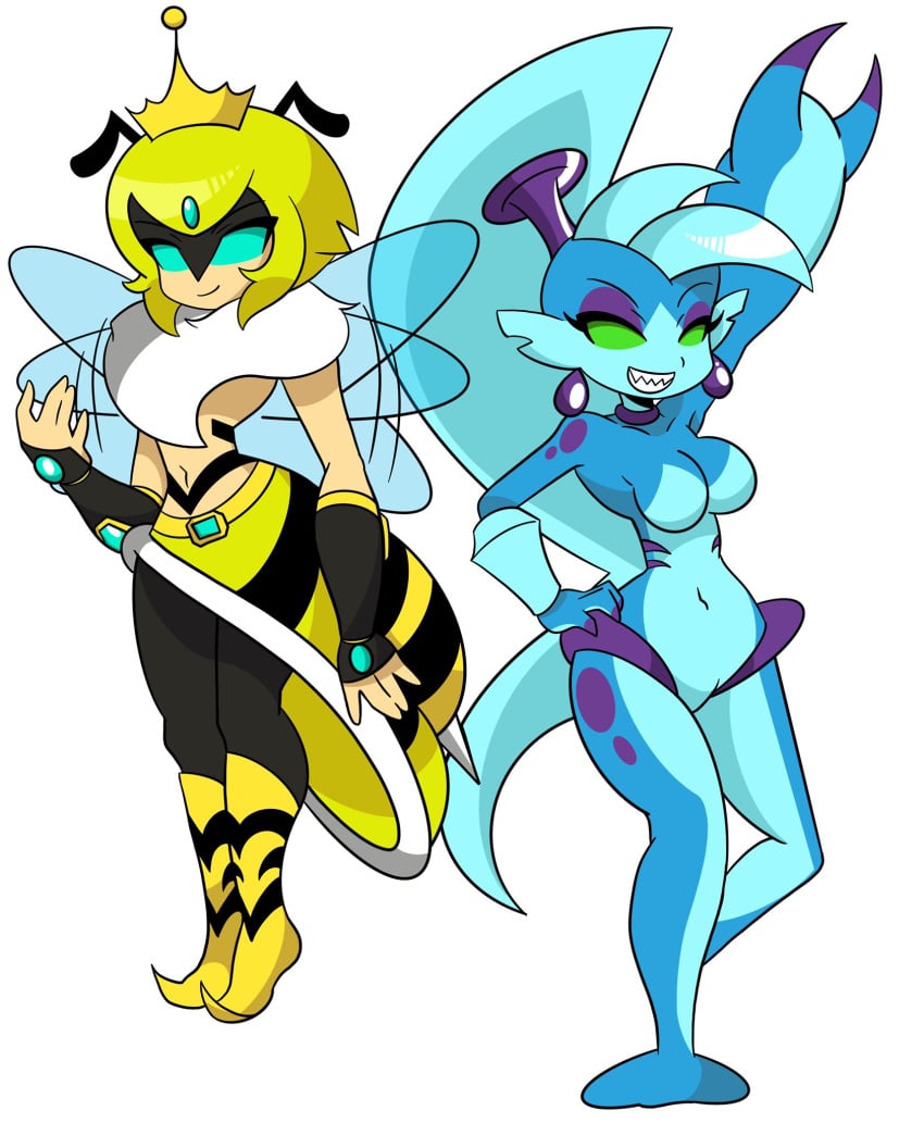 2girls bee bee_girl blue_skin breasts chaoscroc datwondoude female female_only green_eyes implied_transformation insect_abdomen insect_girl insect_humanoid insect_wings midriff multiple_girls navel no_nipples no_pupils shantae shantae_(character) smile smooth_skin tail thick_thighs thighs transformation wetgal_(shantae) white_background wide_hips