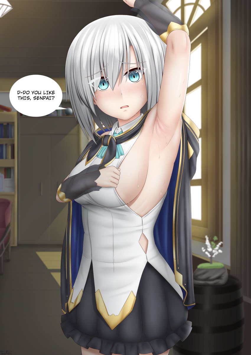 arm_above_head armpits ars_almal big_breasts blue_eyes cape clothed embarassed embarrassed_female hood looking_at_viewer nijisanji sideboob silver_hair spiritsprite sweat sweatdrop sweating text text_bubble virtual_youtuber vtuber