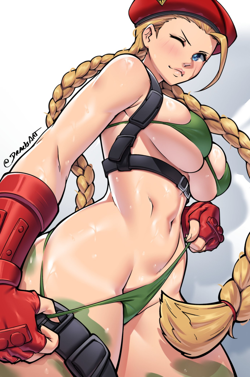 1girls 2d beret bikini bikini_pull blonde_female blonde_hair blue_eyes blush bodypaint braided_hair braided_twintails breasts cammy_white capcom closed_mouth clothed dracksart facial_scar female female_only fingerless_gloves gloves hat hi_res light-skinned_female light_skin looking_at_viewer navel one_eye_closed red_beret red_gloves red_hat scar scar_on_face solo street_fighter thighs twintails wet_body white_background wink winking_at_viewer