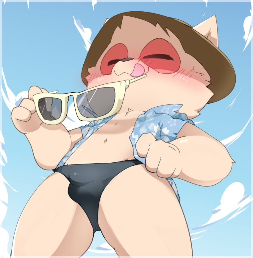 anthro bikini_thong blush bulge closed_eyes clothed clothing detailed_background eyewear facial_markings fur hat head_markings headgear headwear hi_res holding_eyewear holding_glasses holding_object league_of_legends low-angle_view male markings mask_(marking) navel open_clothing open_shirt open_topwear patterned_clothing riot_games shirt smite_(artist) solo swimwear teemo teemo_(lol) tongue tongue_out topwear white_body white_fur yordle