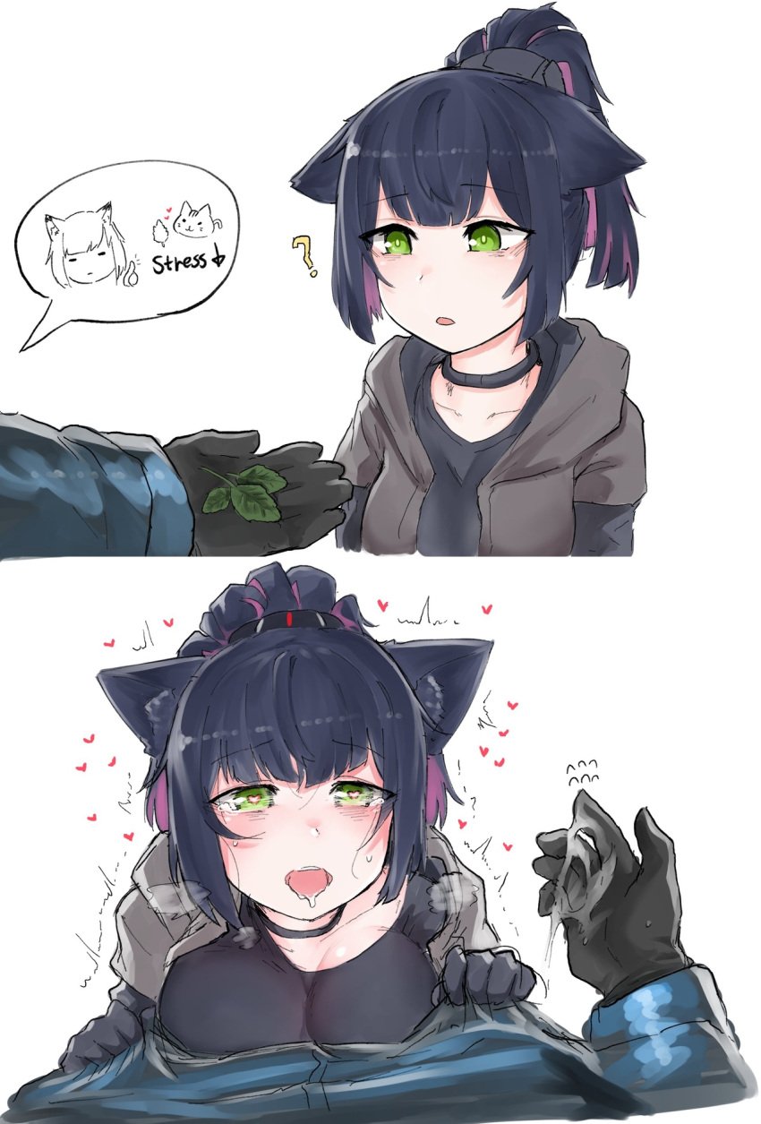 1boy 1girls 2023 ? animal_ears arknights black_hair breast_press breasts cat_ears catgirl catnip choker cock_hungry comic_page cute doctor_(arknights) female gloves green_eyes heart heart-shaped_pupils hi_res hungry_mouth imminent_oral jessica_(arknights) k0ng kemonomimi kongthegrain light-skinned_female light_skin oral petite petplay pussy_juice roleplay short_hair simple_background slim teenager